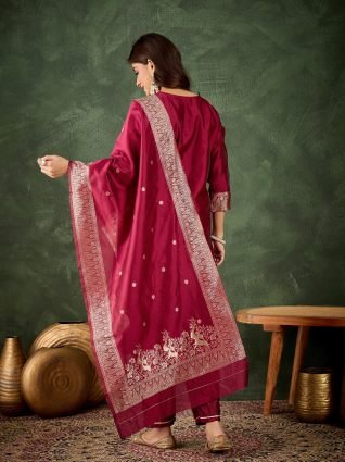 Women s Silk Blend Banarasi Jacquard Zari Woven Straight Kurta Pant with Dupatta Set