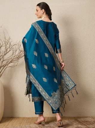 Women s Silk Blend Banarasi Jacquard Zari Woven Straight Kurta Pant with Dupatta Set