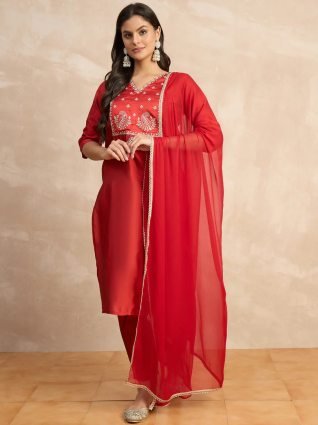 Women s Silk Blend Embroidery Kurta Pant Set with Dupatta