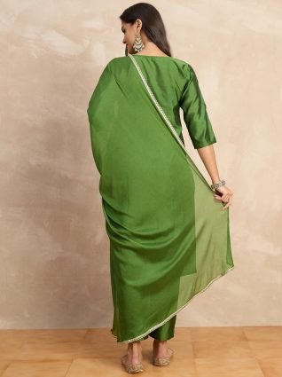 Women s Silk Blend Embroidery Kurta Pant Set with Dupatta