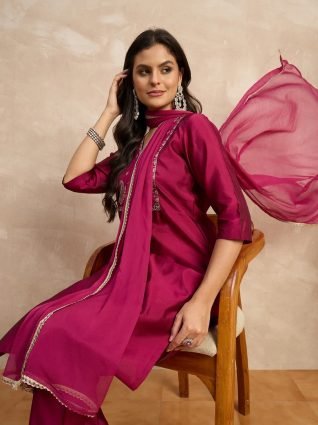 Women s Silk Blend Embroidery Kurta Pant Set with Dupatta