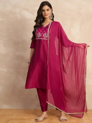 Women s Silk Blend Embroidery Kurta Pant Set with Dupatta