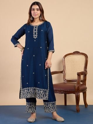 Women s Teal Blue Festive Embroidered Yoke Straight Kurta Pant Set