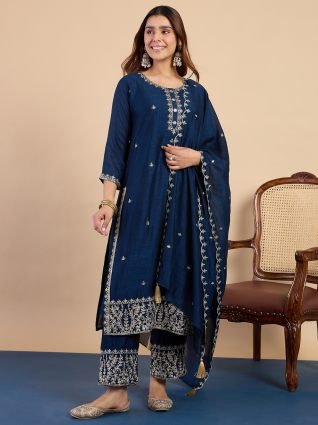 Women s Teal Blue Festive Embroidered Yoke Straight Kurta Pant Set