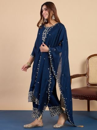Women s Teal Blue Festive Embroidered Yoke Straight Kurta Pant Set