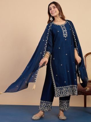 Women s Teal Blue Festive Embroidered Yoke Straight Kurta Pant Set