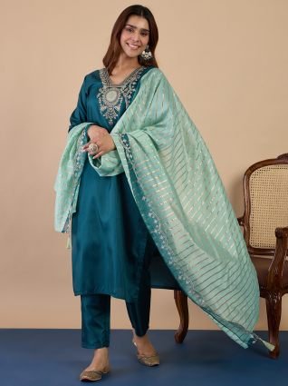 Women s Teal Silk Blend Embroidered Yoke Kurta Set with Zari Striped Dupatta