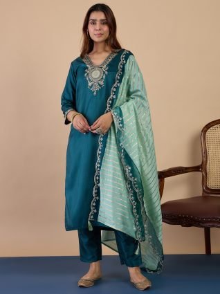 Women s Teal Silk Blend Embroidered Yoke Kurta Set with Zari Striped Dupatta