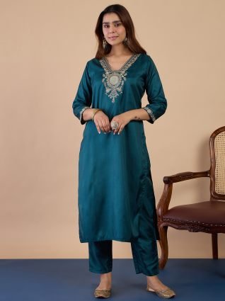 Women s Teal Silk Blend Embroidered Yoke Kurta Set with Zari Striped Dupatta