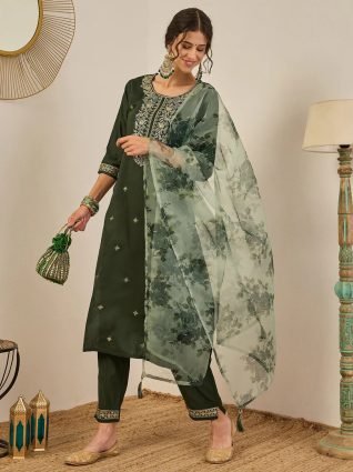 Women   s Viscose Rayon Kurta Pant Set Embroidered Ethnic Wear with Organza Dupatta