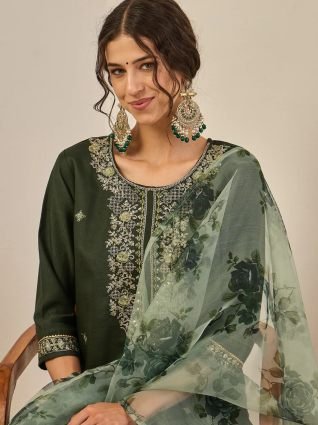 Women   s Viscose Rayon Kurta Pant Set Embroidered Ethnic Wear with Organza Dupatta