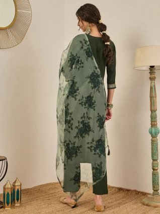 Women   s Viscose Rayon Kurta Pant Set Embroidered Ethnic Wear with Organza Dupatta