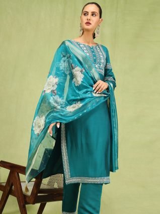 Women   s Viscose Roman Silk Embroidery Straight Kurta Pant with Dupatta Set