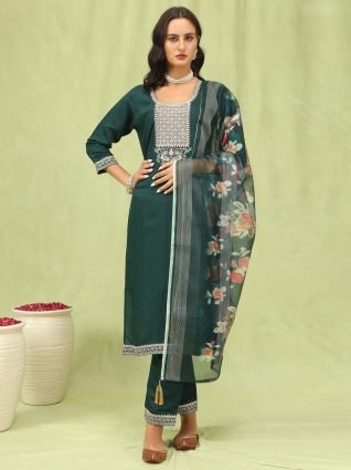 Women   s Viscose Roman Silk Embroidery Straight Kurta Pant with Dupatta Set