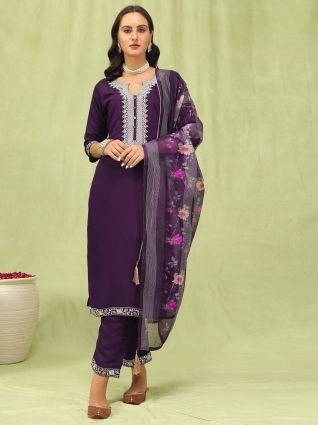 Women   s Viscose Roman Silk Embroidery Straight Kurta Pant with Dupatta Set