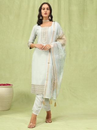 Women   s Viscose Roman Silk Embroidery Straight Kurta Pant with Dupatta Set
