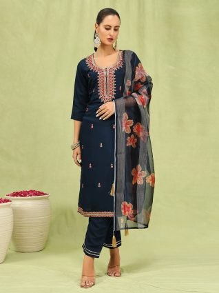 Women s Viscose Roman Silk Embroidery Straight Kurta Pant with Dupatta Set