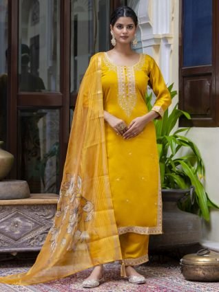 Women s Viscose Roman Silk Embroidery Straight Kurta Pant with Dupatta Set