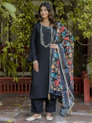 Women   s Viscose Roman Silk Embroidery Straight Kurta Pant with Dupatta Set