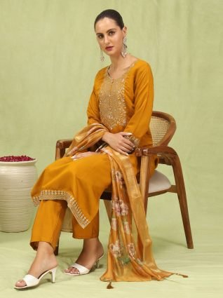 Women   s Viscose Roman Silk Embroidery Straight Kurta Pant with Dupatta Set