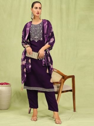 Women   s Viscose Roman Silk Embroidery Straight Kurta Pant with Dupatta Set
