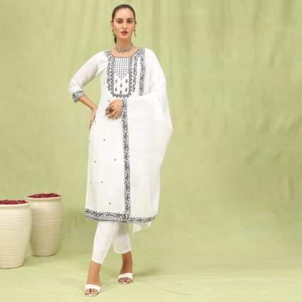 Women   s Viscose Roman Silk Embroidery Straight Kurta Pant with Dupatta Set