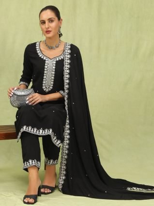 Women   s Viscose Roman Silk Embroidery Straight Kurta Pant with Dupatta Set