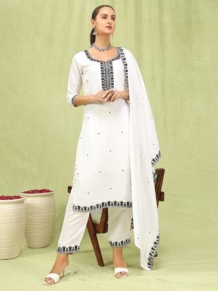 Women   s Viscose Roman Silk Embroidery Straight Kurta Pant with Dupatta Set