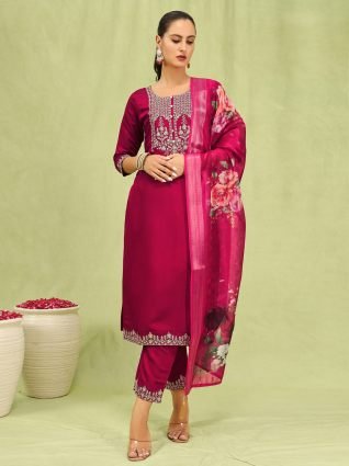 Women   s Viscose Roman Silk Embroidery Straight Kurta Pant with Dupatta Set