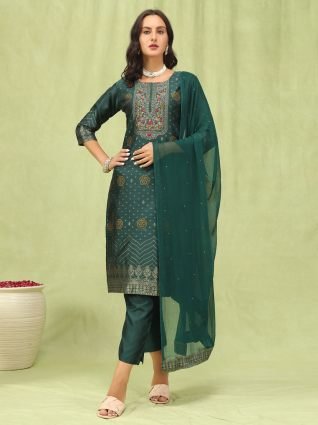 Women   s Viscose Roman Silk Embroidery Straight Kurta Pant with Dupatta Set