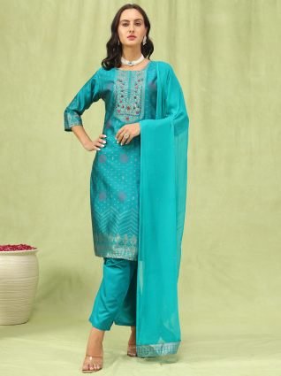 Women   s Viscose Roman Silk Embroidery Straight Kurta Pant with Dupatta Set