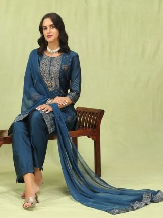 Women   s Viscose Roman Silk Embroidery Straight Kurta Pant with Dupatta Set