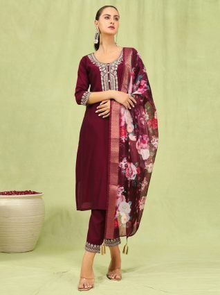 Women   s Viscose Roman Silk Embroidery Straight Kurta Pant with Dupatta Set
