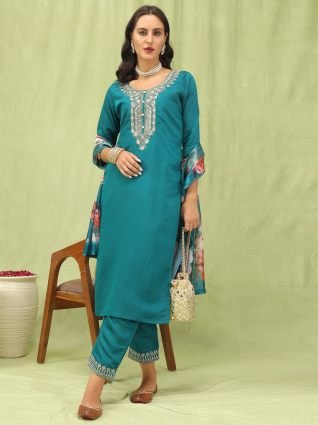 Women   s Viscose Roman Silk Embroidery Straight Kurta Pant with Dupatta Set