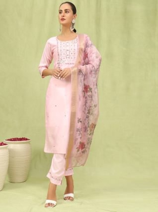 Women   s Viscose Roman Silk Embroidery Straight Kurta Pant with Dupatta Set
