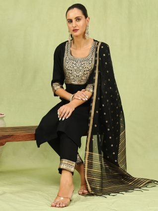 Women   s Viscose Roman Silk Embroidery Straight Kurta Pant with Dupatta Set