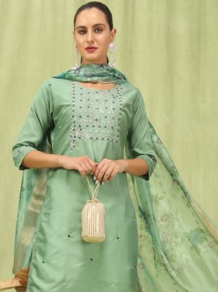 Women   s Viscose Roman Silk Embroidery Straight Kurta Pant with Dupatta Set