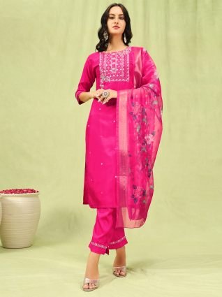 Women   s Viscose Roman Silk Embroidery Straight Kurta Pant with Dupatta Set