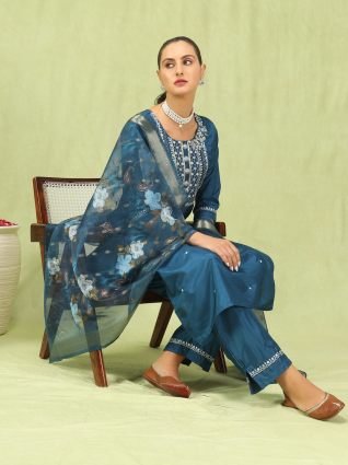 Women   s Viscose Roman Silk Embroidery Straight Kurta Pant with Dupatta Set