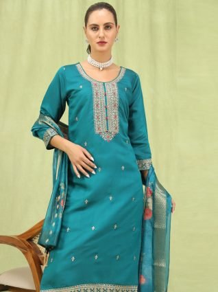 Women   s Viscose Roman Silk Embroidery Straight Kurta Pant with Dupatta Set