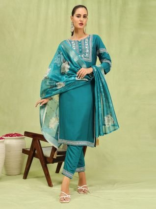 Women   s Viscose Roman Silk Embroidery Straight Kurta Pant with Dupatta Set