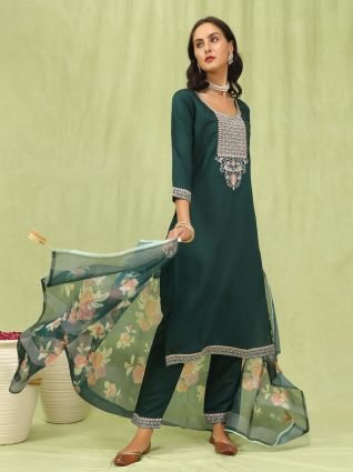 Women   s Viscose Roman Silk Embroidery Straight Kurta Pant with Dupatta Set