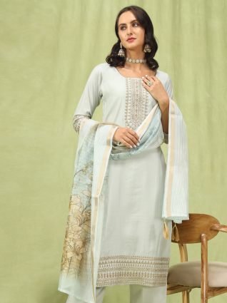 Women   s Viscose Roman Silk Embroidery Straight Kurta Pant with Dupatta Set