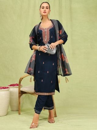 Women s Viscose Roman Silk Embroidery Straight Kurta Pant with Dupatta Set