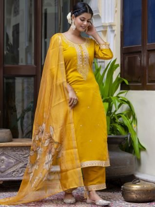 Women s Viscose Roman Silk Embroidery Straight Kurta Pant with Dupatta Set