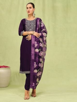 Women   s Viscose Roman Silk Embroidery Straight Kurta Pant with Dupatta Set