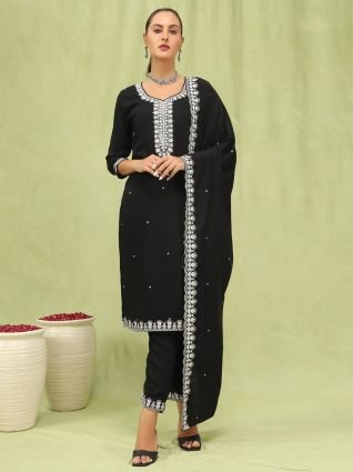 Women   s Viscose Roman Silk Embroidery Straight Kurta Pant with Dupatta Set