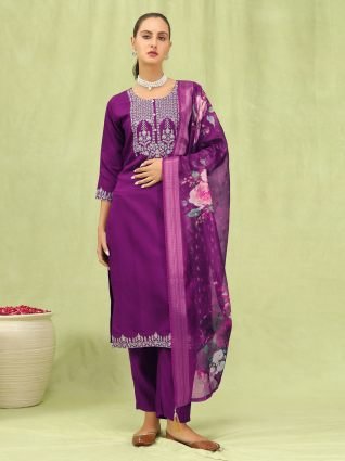 Women   s Viscose Roman Silk Embroidery Straight Kurta Pant with Dupatta Set
