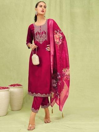 Women   s Viscose Roman Silk Embroidery Straight Kurta Pant with Dupatta Set