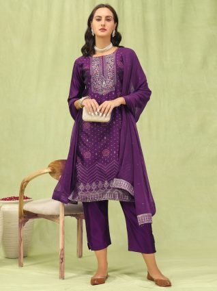 Women   s Viscose Roman Silk Embroidery Straight Kurta Pant with Dupatta Set